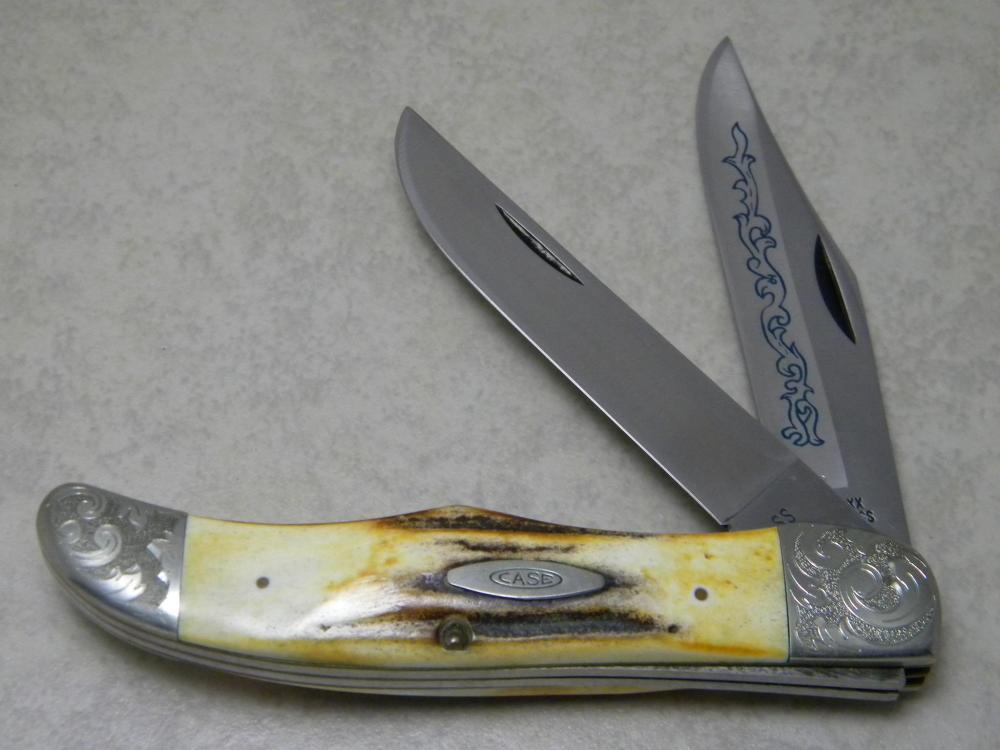 Case XX Stainless USA 3 Dot 1977 Stag 5265 SAB SSP Engraved Blue Scroll Folding Hunter Knife