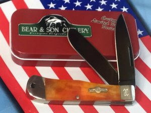 Bear & Son Custom 2 Blade Mountain Man Knife w/ Smooth Orange Bone Handles & Blued Handles -NOS