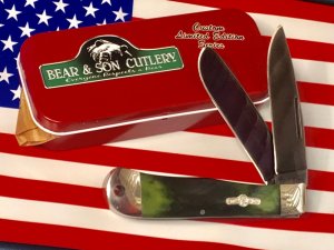 Bear & Son Custom 2 Blade Mountain Man Knife w/ Smooth Green Bone Handles & Blued Handles -NOS