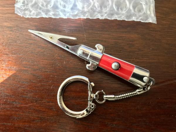 Miniature Switchblade Keychain Roach Clip, Cactus Bolsters, Red Wrap Handle, Possible Hong Kong  