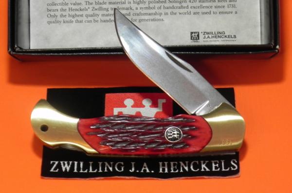 J A Henckels Folding Hunter Pocket Knife with Red Pick Bone Handles -NOS +Orig Box