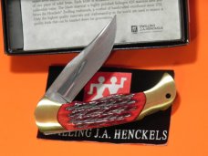 J A Henckels Folding Hunter Pocket Knife with Red Pick Bone Handles -NOS +Orig Box