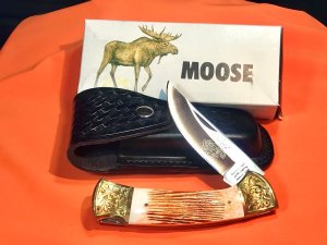 Vint Parker IMAI K-115 Large Lockback Hunter Knife w A Moose Blade Etching -Orig Sheath & Box -NOS