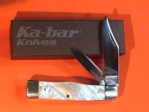 Vintage Ka-Bar 2 Blade Jack / GunStock Pocket Knife with Mother of Pearl Handles -NOS