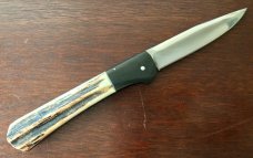 James Huckeba (Huck) Switchblade, Marked "19 H 92", Clip Point Blade, Nice Stag Handle, Unused 