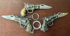 3 Vintage Miniature Revolver Or Pistol Keychain Manual Lockback Folding Knives 