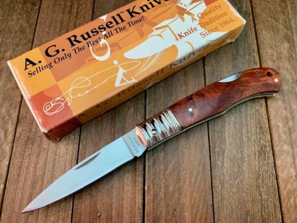 A.G. Russell Lockback Quince Burl Wood ATS-34 Blade Seki Japan 2005