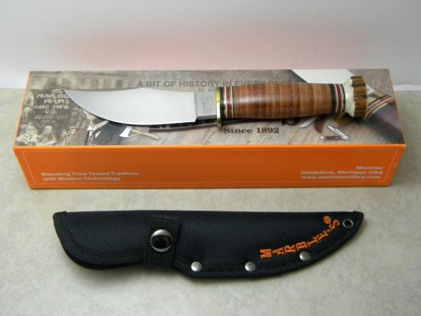 Marbles USA Stacked Leather/Stag Woodcraft Fixed Blade Sheath Knife in Box c.2000's