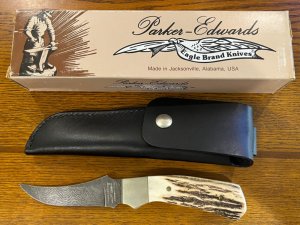 Parker-Edwards Trailing Point Hunting Knife w/Damascus Blade & Stag Scales A175DP Mint