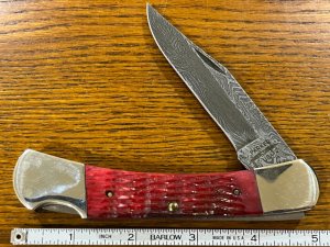 Parker USA Damascus Blade Lockback Knife w/Jigged Red Bone Scales