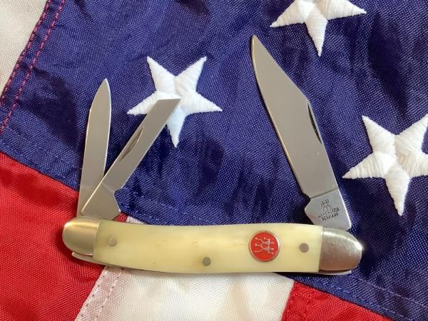 J A Henckels Whittler Pocket Knife w/ White Smooth Bone Handles +Red Shield -NOS