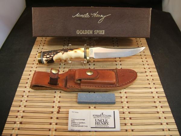 SCHRADE UNCLE HENRY 153UH GOLDEN SPIKE OLDER HIGH CARBON STEEL BLADE NIB WITH SHEATH, STONE & PAPERS