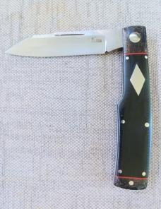  K'roo Native Knife 4".Black Linen scales & blanket Micarta bolsters..red accents..rwl34..coa/sli 