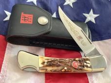 J A Henckels Lg approx 5” Folding Hunter with Nice Stag Handles +Orig Sheath