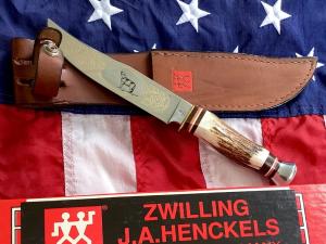 J A Henckels Fixed Blade Hunter Knife w/ Stag Handles & Gold Blade Etch of a Howling Wolf