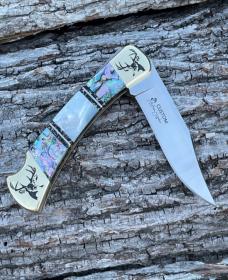 BUCK 110 ** BRIAN YELLOWHORSE CUSTOM DEER MOTHER OF PEARL/ABALONE BRASS BOLSTERS