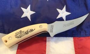 Schrade Scrimshaw 7 amp 14 Sharpfinger Fixed Blade w Elk Scene artist signature SC 502 -NOS