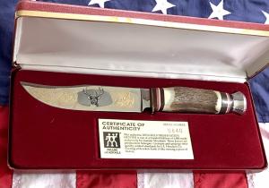 J A Henckels Fixed Blade Hunter Knife -Great Stag Handles -Gold Blade Etch 840 of 1000