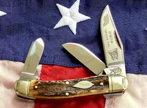 1st Generation 1984 Bulldog Brand Stockman “Ohio Tobacco King” Blade Etch w Gnarly Stag Handles