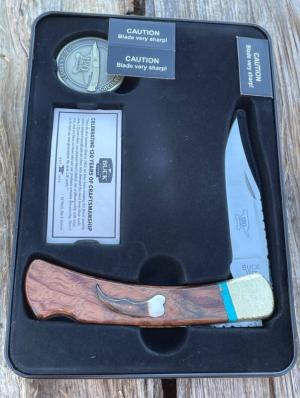 BUCK 110 LEROY REMER amp WBC  BUBINGA WOOD BEAR CLAW BRASS NAPPED BOLSTERS RRR KNIVES 9