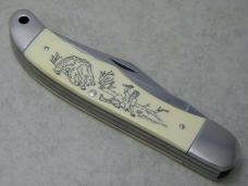 Schrade USA SC508 Bear Hunter Scrimshaw Folding Hunter Knife & Pouch c.1979