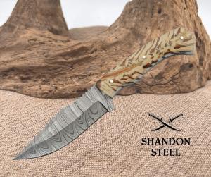 Damascus Snowpeak Hunter Fixed Knife 5quot Steel Full Tang Blade Acrylic Handle