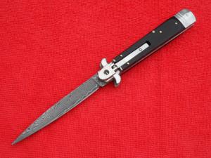 Brand New 9quot Leverlock-Stiletto style switchblade knife ebonywood Handles Damascus Blade