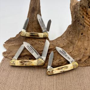 CASE XX USA 1980 STAG GOLD SCROLLED 3 PIECE CANOE KNIFE SET 75th ANNIVERSARY 179