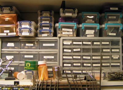 Bins of handle material & parts and parts drawers.jpg