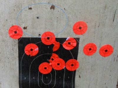 I know, I gotta straighten my crap out. However, this was to test some handloads. 5 shot group at 200 yards. Iron sights.