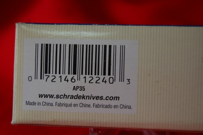This Schrade Box clearly shows the AP35 was made for Schrade, in China.