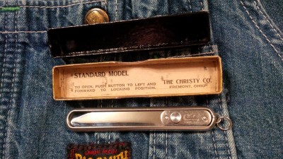 Single blade slide knife with original box, Christy Company Freemont, Ohio