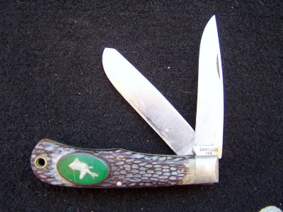 &quot;American Wildlife&quot; printing is barley visible on the main blade, but it IS there. Also hard to see in this photo are use/sharpening scratches on the massive, 3/4&quot; wide spey. Not pristine, but a very usable knife.