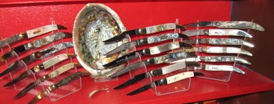 Pearl and Abalone, some Abalone celluloids.  Wendell Carson, Bulldog, Parker, Frank Buster, Queen, Blue Grass, and others.