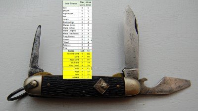 In this illustration the knife had various elements of the knife that ranged between Good and Excellent but the tally of all scoring elements graded this knife as  good against the same standard as the illustration above.  Even though this knife graded at a "45" I would call it "Good" because it would be a stretch to call it Very Good.