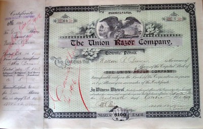 Union Razor Stocke Certificate signed by W.R. Brown himself