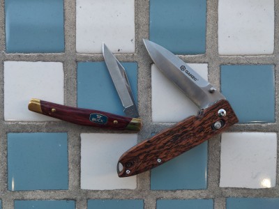 Buck 302 Solitaire in rosewood, Ganzo G746 in (fake?) snakewood