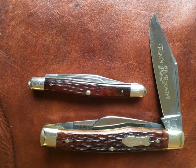 Fight'n Rooster Gunstock Stockman with carbon &amp; bone (from around 1983 to 1994) &amp; Case #6227 Small Premium Jack with CV &amp; bone  (from 1965 to 1969)