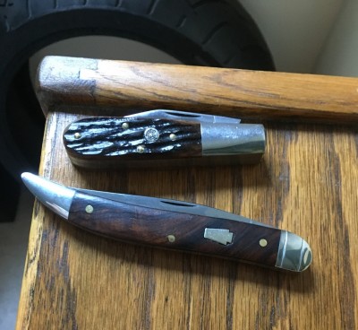 Schatt &amp; Morgan (Queen) #5 Toothpick with 1095 &amp; desert ironwood &amp; Queen #69 1/2 Barlow with D2 &amp; bone, both 2012 or newer