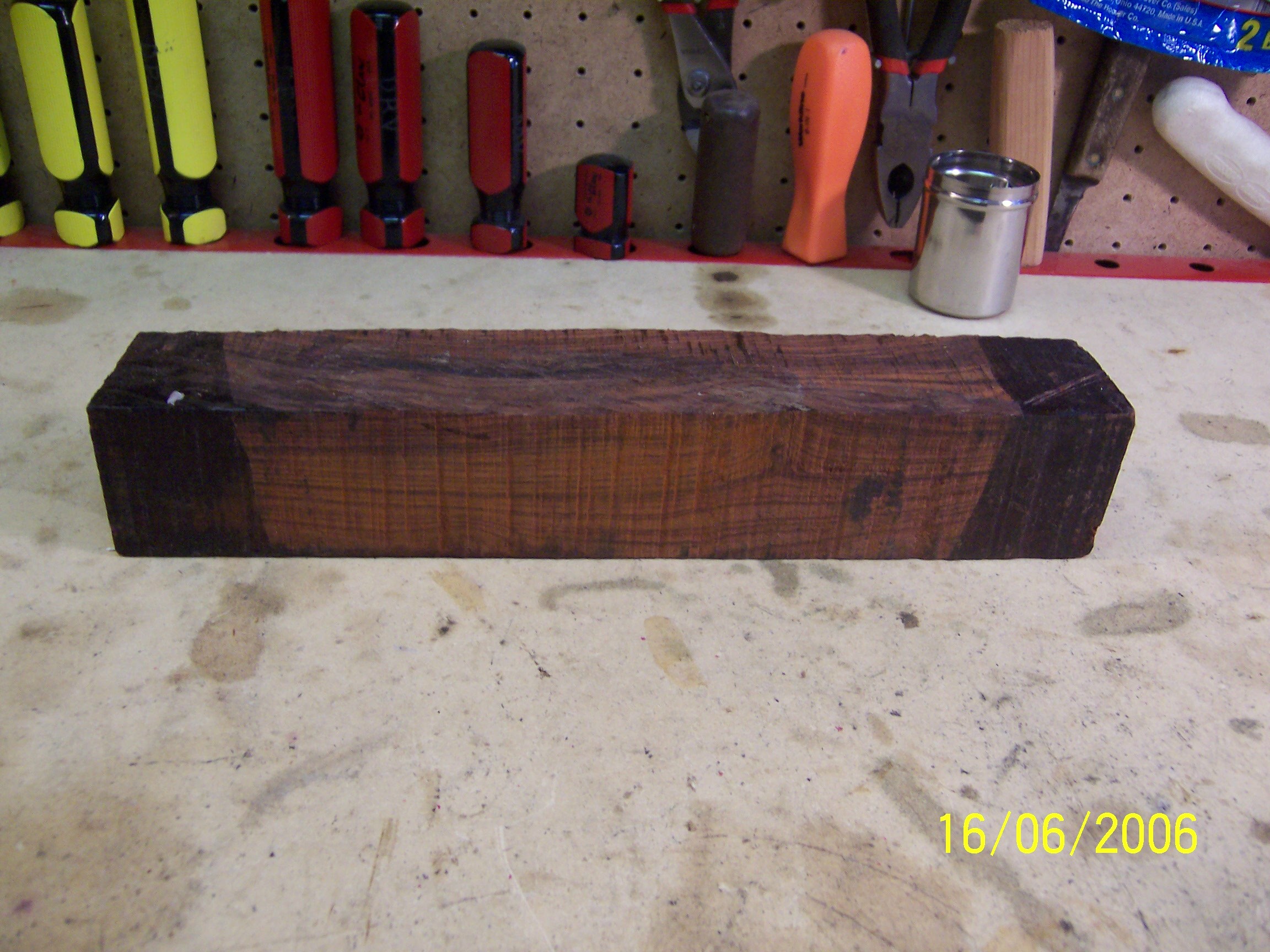 This is the block of Panamanian Cocobolo that I cut the handles from