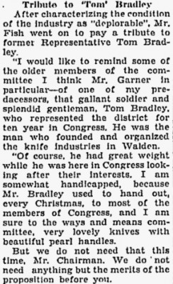 Pocket Knife Tariff-Representative Hamilton Fish Jr.,<br />J. Louis Schrade &amp; Colonel Thomas W. Bradley mentioned.