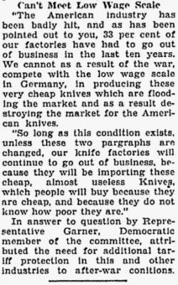 Pocket Knife Tariff-Representative Hamilton Fish Jr.,<br />J. Louis Schrade &amp; Colonel Thomas W. Bradley mentioned.