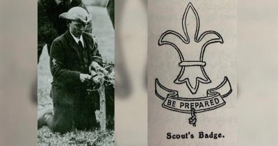 1907 English Scout in uniform, fleur de lis emblem on sleeve, and 1908 drawing of scout emblem