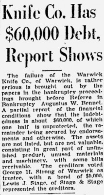 Warwick Knife Company mentioned. <br />See picture #6<br />February 7, 1929-this page.