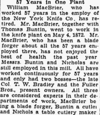 Retirement Announcement.<br />New York Knife Company <br />Colonel Thomas W. Bradley<br />Fuller Brothers mentioned.