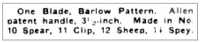 A Part Of An ALLEN CUTLERY COMPANY Ad Which Describes <br />The Handle Pattern And The Four Different Blade Styles That <br />Were Available For The Pocket Knife.