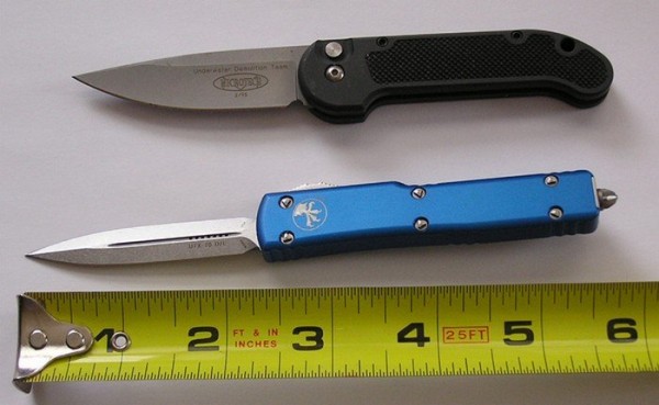Microtech Mini UDT 2/95 on blade, OTF is UTX-70 DE