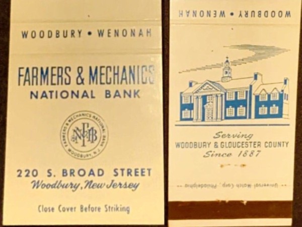 Matchbook, Front And Back, With An Illustration Of The FARMERS &amp; MECHANICS<br />NATIONAL BANK Building. Located At 220 S. Broad Street, Woodbury, New Jersey.