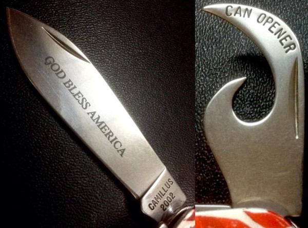 Left - The Main Blade Etch.<br />Right - The Can Opener Stamp.<br />CAMILLUS 1760F-&quot;Ol' Glory&quot; Series<br />Pocket Knife #18.