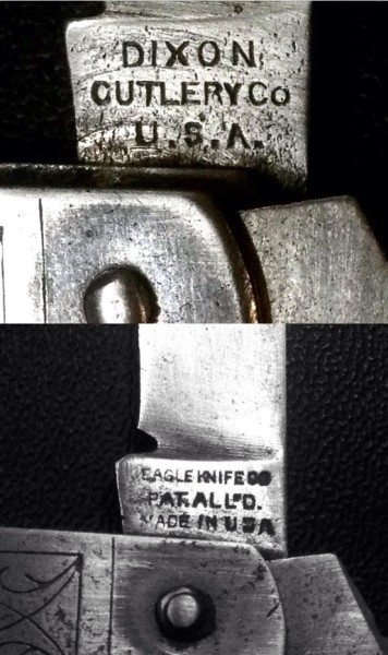 TOP - The Main Blade Front Tang Stamp.<br />DIXON CUTLERY COMPANY.<br />BOTTOM - The Main Blade Front Tang Stamp.<br />EAGLE KNIFE COMPANY.